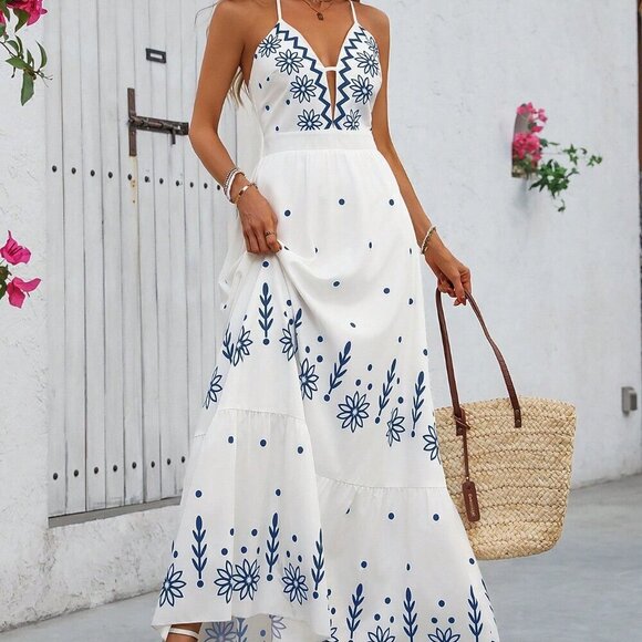 Multicolor Boho Women's Printed Cami Maxi Dress Hawaiian Style - Picture 6 of 6